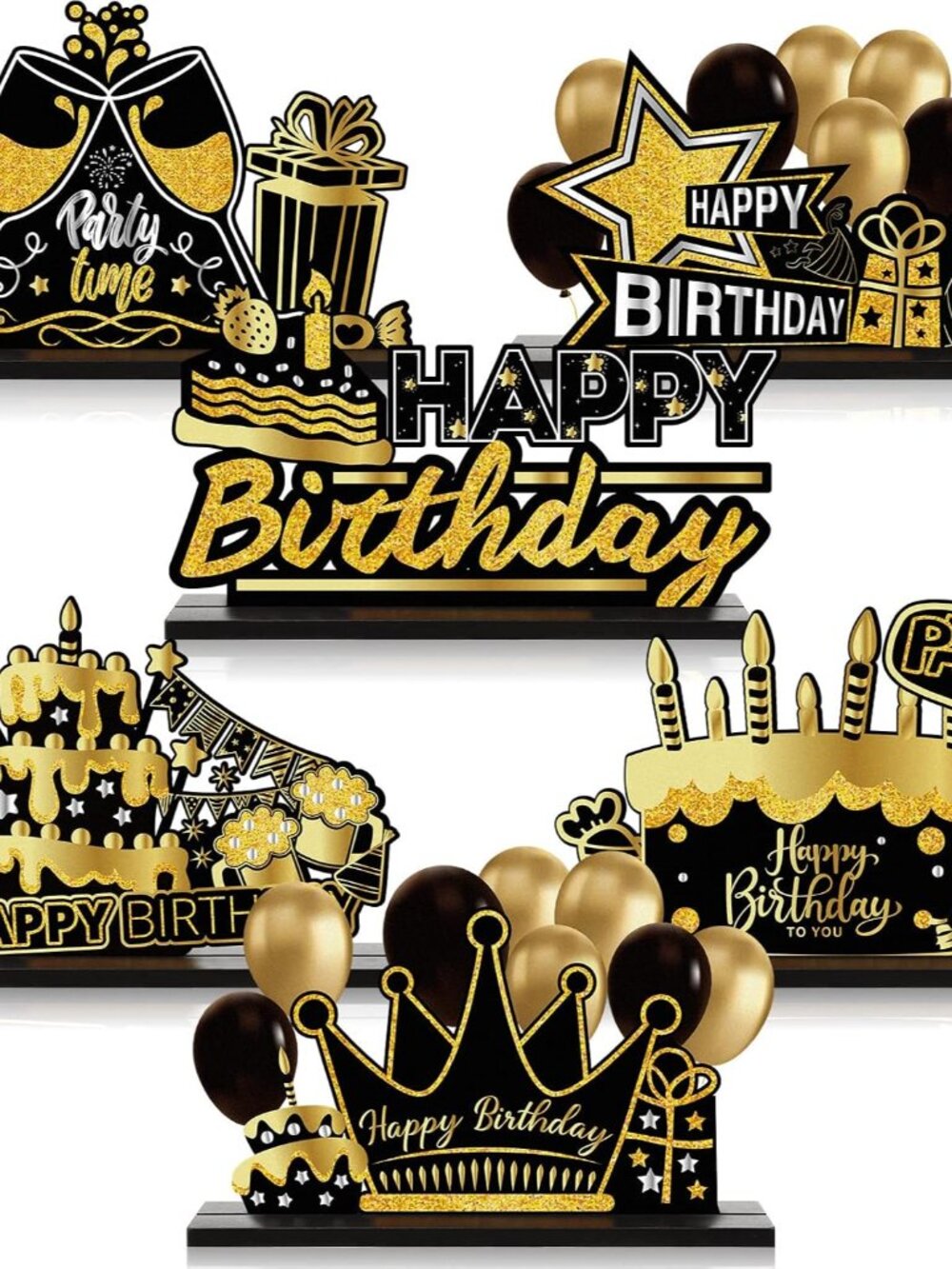 6 Pcs Happy Birthday Table Centerpiece Black and Gold Sign